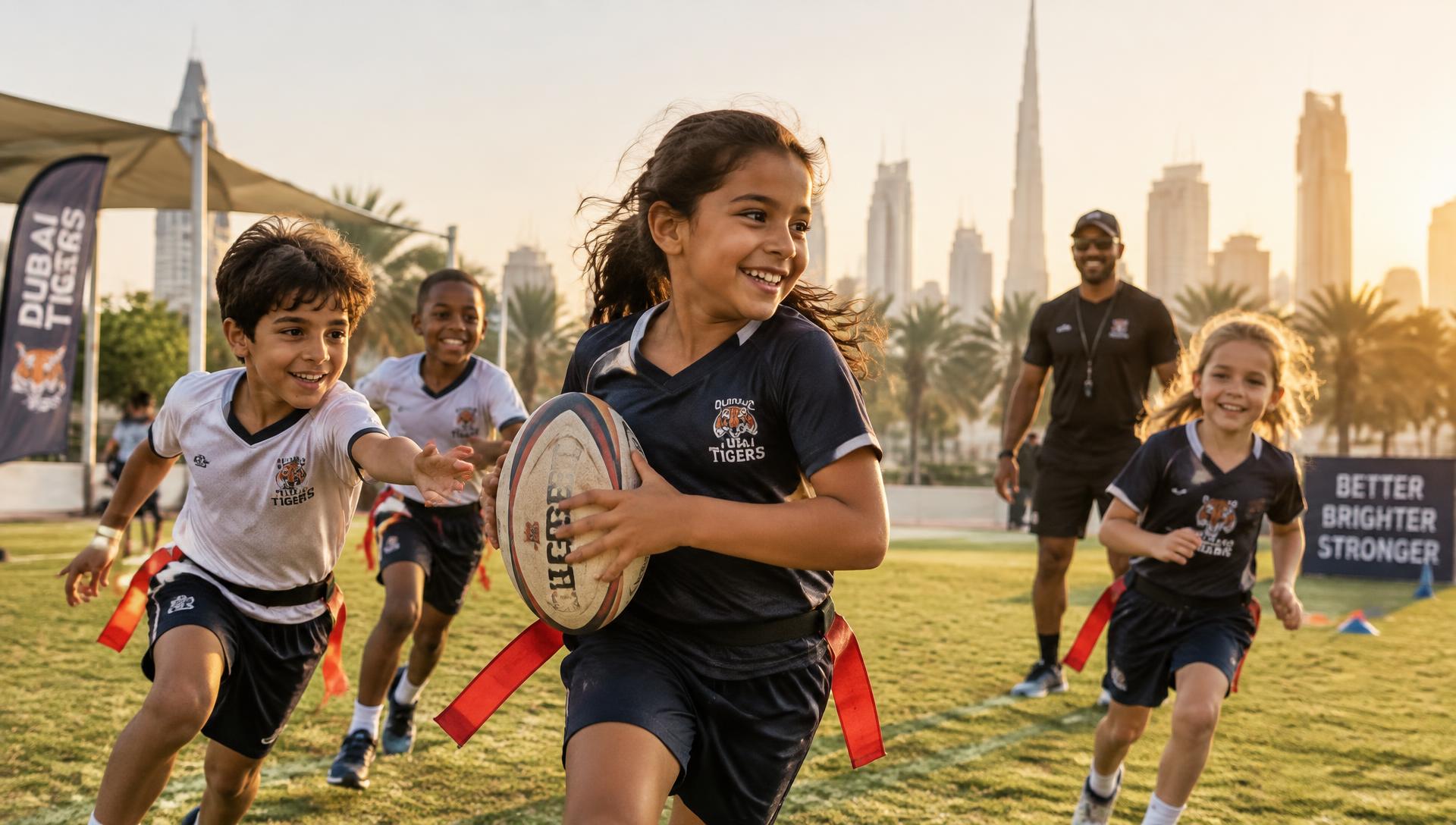Children playing an outdoor sports session in Dubai at golden hour